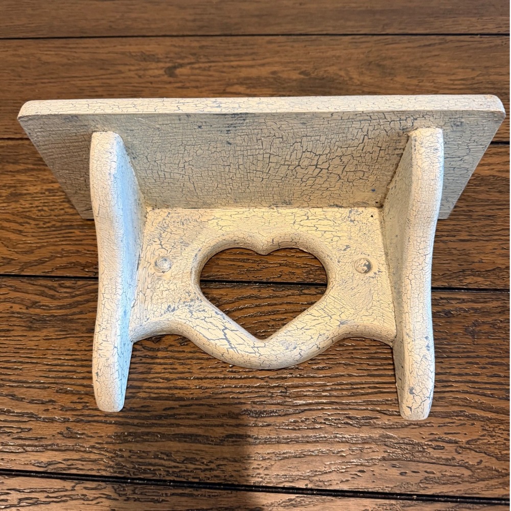 Vintage Wooden Heart Wall Shelf White Blue Crackle Heart Cutout